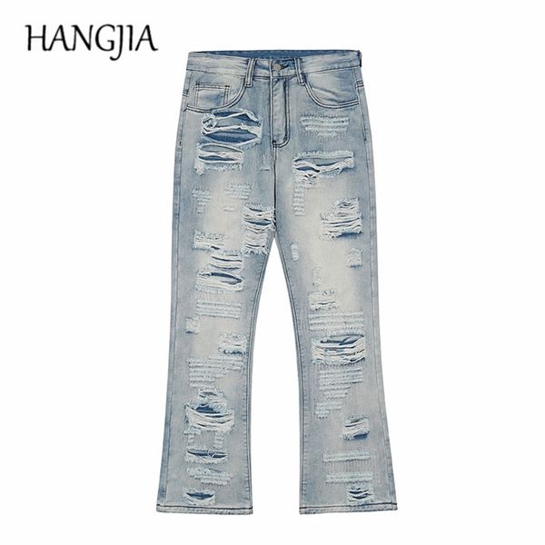 

hip hop distressed streetwear ripped flared jeans biker tailored embroidered washed destroyed hole flare denim trousers for men 211108, Blue
