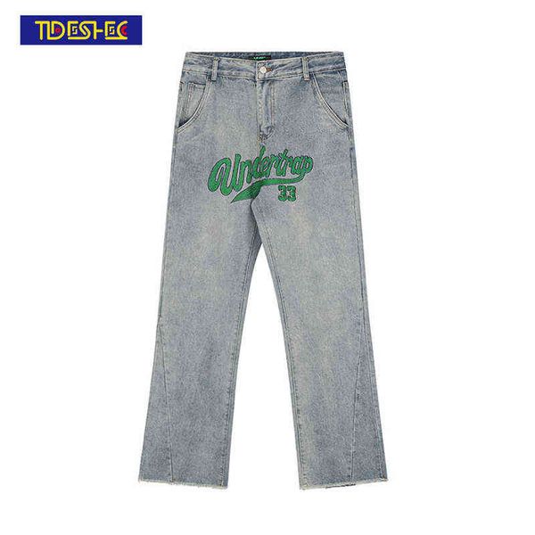 Tideshec Jeans svasati con bordo grezzo ricamato Pantaloni da uomo / donna a vita alta Streetwear Hip Hop Pantaloni svasati in denim a gamba larga 211120