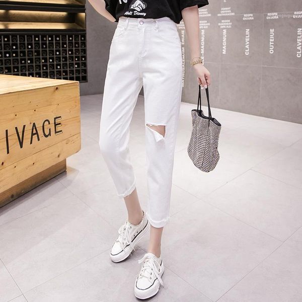 

women's jeans white for women summer boyfriends straight harlan slim holey printing high waist was thin stylish, Blue