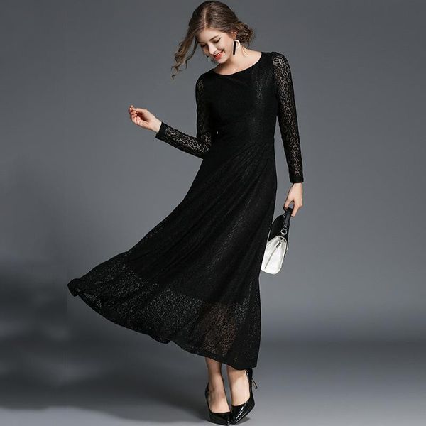 

casual dresses autumn and winter european american high-end fashion temperament lace cultivating long-sleeved banquet long dress, Black;gray