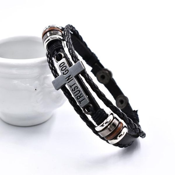 

charm bracelets simple cross geometric leather bracelet men's multilayer punk beaded woven jewelry, Golden;silver