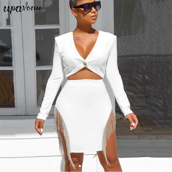 

fashion diamond tassel bandage skirt set v-neck long sleeve short & high waist 2-piece 210524, White