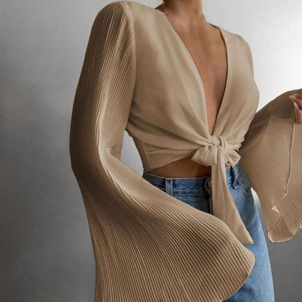 

women's blouses & shirts 2021 summer fashion deep v-neck shirt trumpet long-sleeved loose solid color top, White