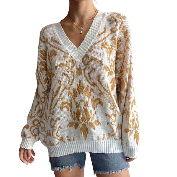 

women's sweaters breathable girls long sleeve knitwear autumn winter ladies temperament geometric pattern v-neck sweater loose knitted, White;black