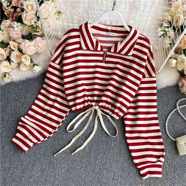 

women hoodies korean style autumn winter japan casual turn-down collar short waist striped long-sleeved sweatershirt gx1063 210507, Black
