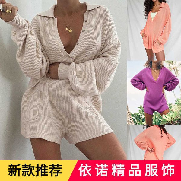 

women's autumn new fashion low cut lapel solid color pocket jumpsuit, White