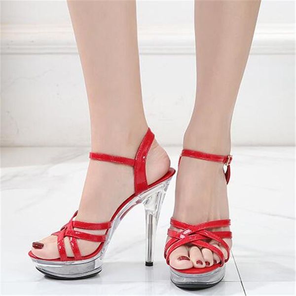 

women summer sandals patent leather platform high-heeled shoes 13/15cm fashion shows thin heels plus-size pumps 34-43, Black