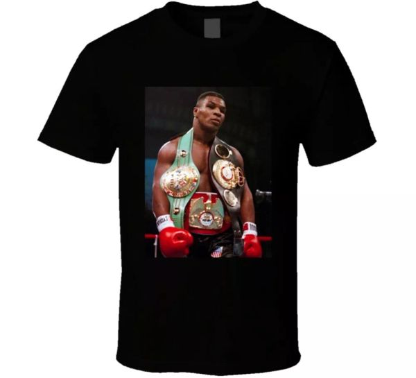 

mike tyson with belts heavyweight boxing champion fan t shirt, White;black