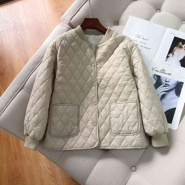 

2021 winter women's milk apricot rhombic cotton big pocket baseball collar jacket dfms, Black