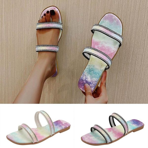 

women's slippers 2021 summer outdoor casual beach shoes tie dye crystal flat office lady flip flops female elegant sandals, Black
