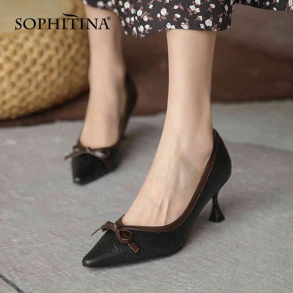 

sophitina sweet high heels women bow embossed cow leather daily all-match shoes shallow mouth square toe tpr ladies pumps ao175 210513, Black