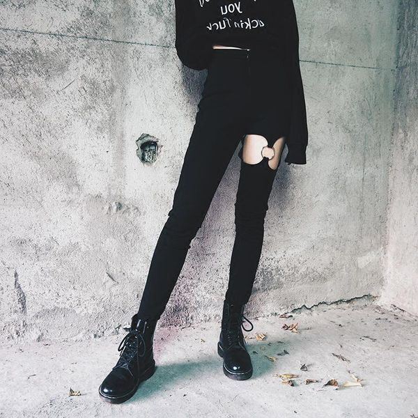 

jean skinny pencils women big hole broken leggings high belt elastic pants streetwear female bottoms autumn pantalon winter, Blue