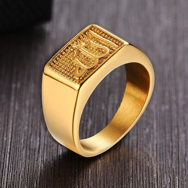 

cluster rings stainless steel men's islamic signet ring in gold tone square shahada arabic fashion jewelry, Golden;silver