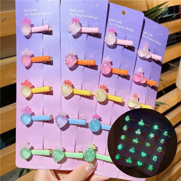 

hair accessories 5-piece set of children's cute cartoon fruit strawberry cherry fluorescent girl hairpin headdress jewelry, Slivery;white