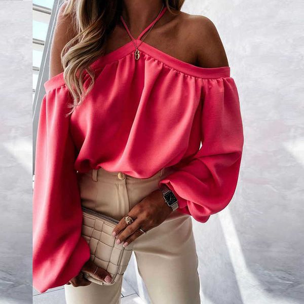 

wear fd362 women's 2021 solid color off shoulder hanging neck long sleeve casual t-shirt for women, White