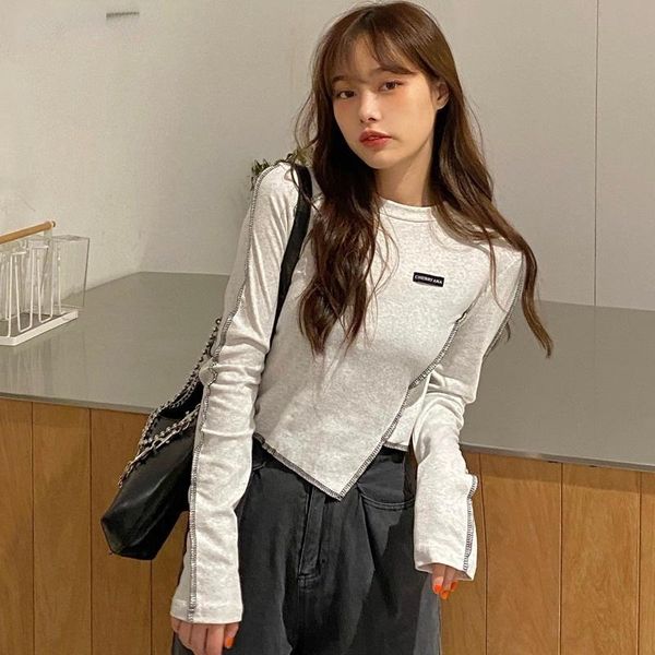 

women's t-shirt t-shirts women crop long sleeve patchwork irregular fashionable undershirts design korean-style ins ulzzang female, White