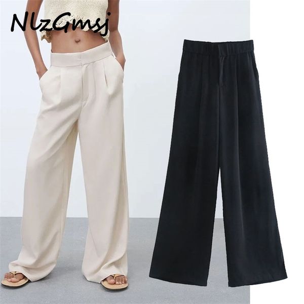 

women pants spring high waist beige women's wide leg loose casual trousers side pocket black 04 210628, Black;white
