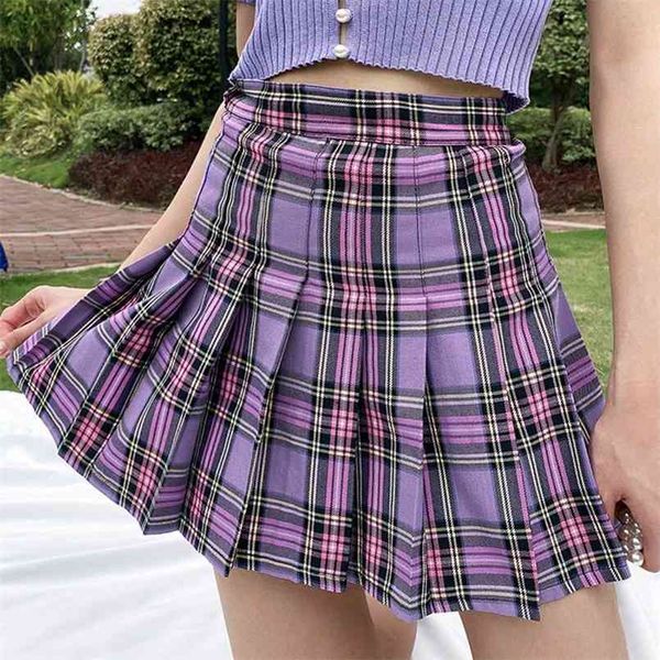 HEFLASHOR Mini gonna a pieghe stile preppy viola Donna Casual Scuola Kawaii Plaid Corto da donna a vita alta s 210708