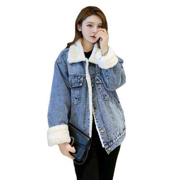 

salt fried street cowboy coat women's plush thickened 2021 winter korean loose hong kong cotton clothes trend, Black;brown