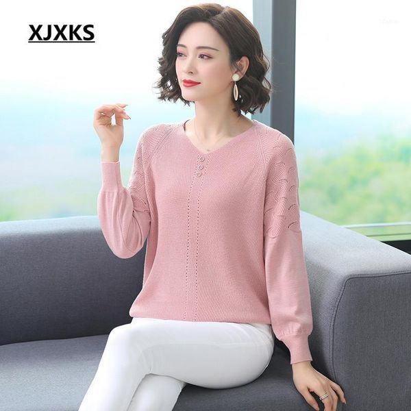 

women's sweaters xjxks fashion v-neck women thin sweater 2021 spring comfortable solid color all-match pullover, White;black