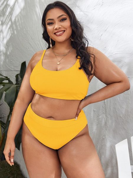 

plus solid high waisted bikini swimsuit a7uz#, Black