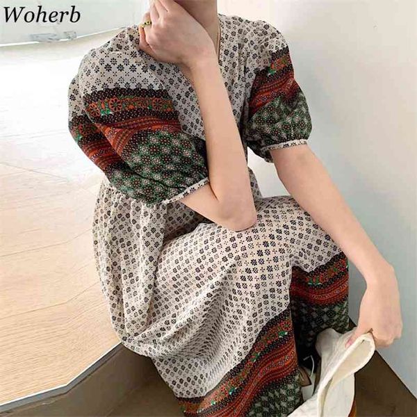 

korean boho printed women long dress summer short sleeve v-neck a-line dresses vintage elegant ladies vestido robe 210519, Black;gray