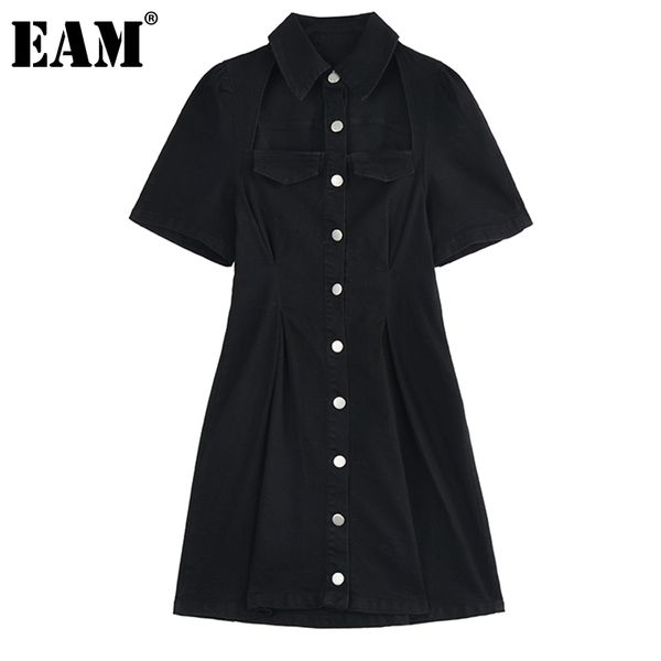 

[eam] women black brief pleated pockets knee-length dress lapel short sleeve loose fashion spring summer 1dd7888 210512, Black;gray