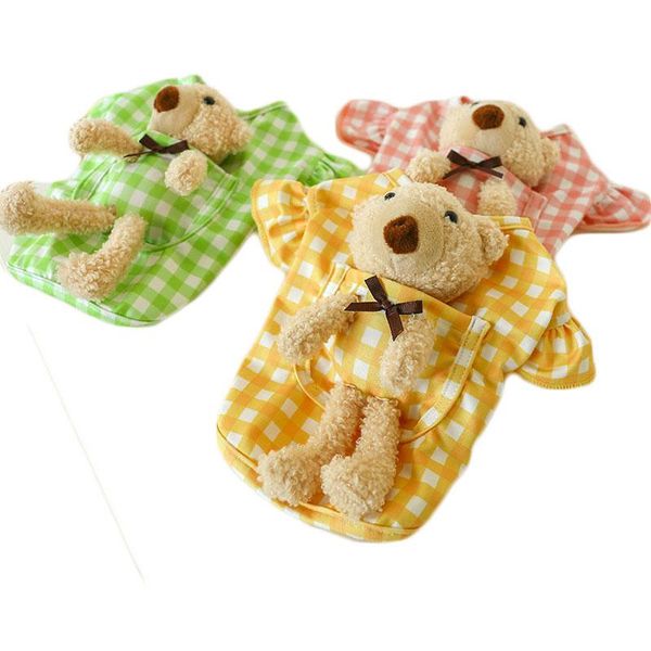 

dog apparel kawaii pet clothes plaid pullover hoodies shirt pocket plush bear for cat little dogs yellow pink green hoody tshirt outfit