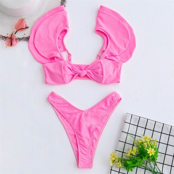 

new ruffled knotted pink bikini female swimsuit women swimwear two-pieces bikini set bow bather bathing suit swim k2777