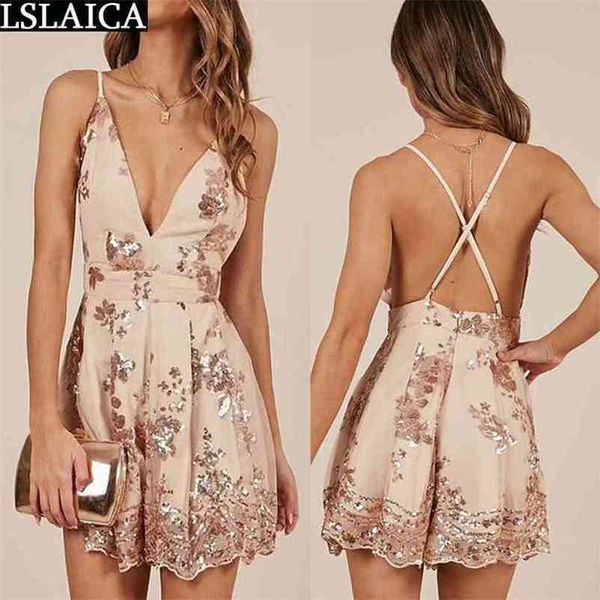 

v-neck jumpsuit sleeveless slim wild evening party club sequin backless solid color sling women 210515, Black;white