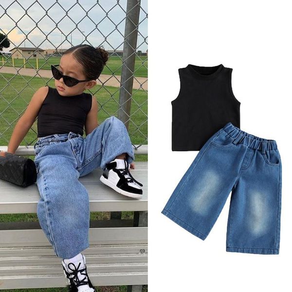 

clothing sets focusnorm 2-7y fashion kids girls clothes sleeveless pullover solid vest blue denim wide leg pants, White