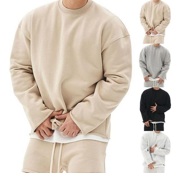 

men's hoodies & sweatshirts sweatshirt o neck solid color casual plush hem pullover autumn winter loose oversized for jogging sports, Black