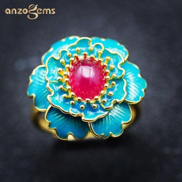 

cluster rings anzogems african natural ruby flower ring 925 sterling silver 1.8ct gemstone fine jewelry for women's gorgeous 2021, Golden;silver