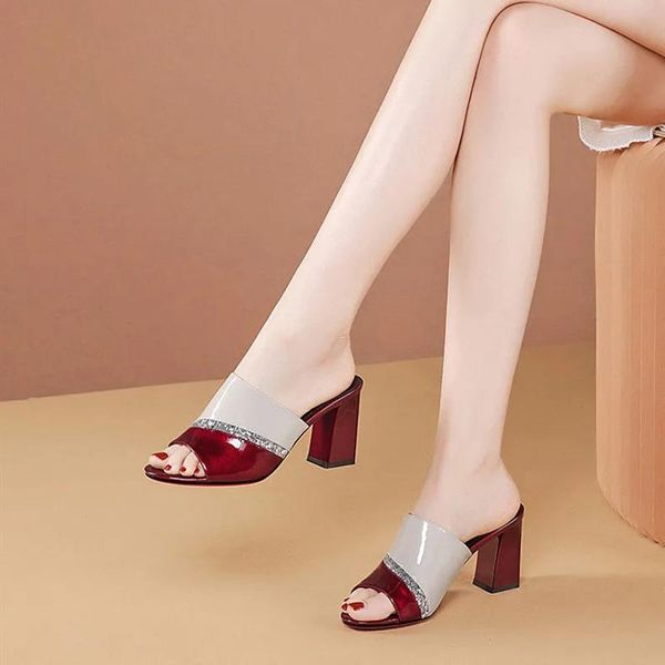 

summer thick heel sandals and slippers female color matching outer wear fish mouth high heels, Black