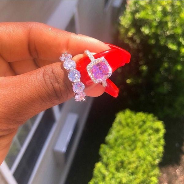 

cluster rings bling lovers lab diamond cz promise ring sets 925 sterling silver engagement wedding band for women bridal jewelry gift, Golden;silver