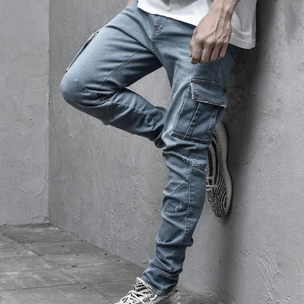 

men's jeans fashion skinny men casual pocket pencil pants clothing jogger denim ropa hombre, Blue