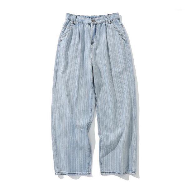 

men's jeans eukaaru high street vertical stripe washed baggy loose straight pants elastic waist casual hip hop streetwear, Blue