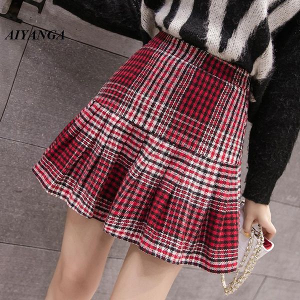 

skirts warm woolen for women 2021 autumn winter female plaid skirt preppy style high waist mini a-line, Black