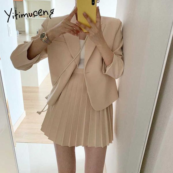 Yitimuceng Frauen Rock Anzüge Set Frühling 2 Stück Jacke Anzug Mini Faltenröcke Koreanische Mode Büro Damen Blazer Set 210601