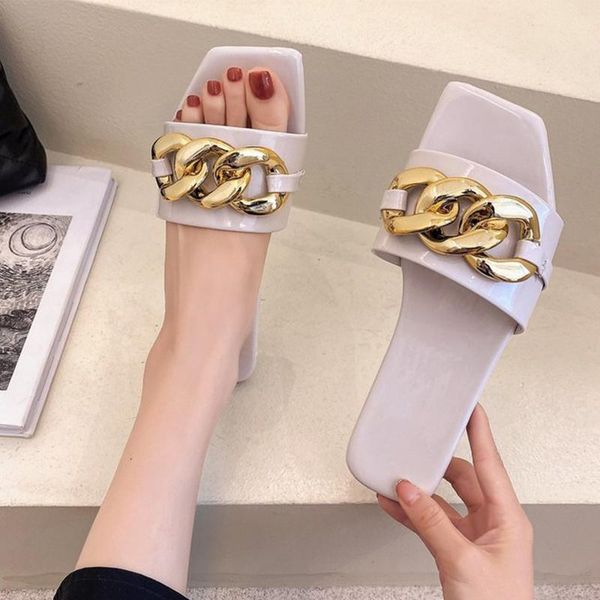 

women summer slippers square head chain decoration flip flops colors fashion female sandals outdoor women's slides 2021, Black