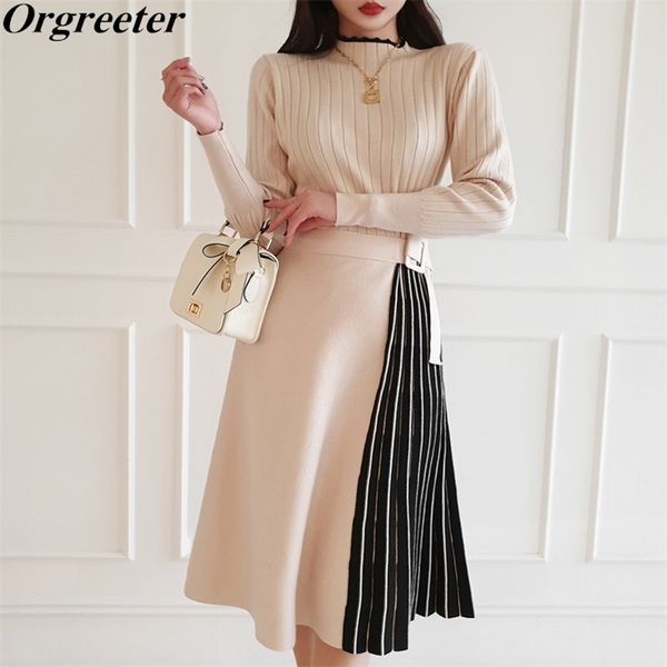 

korean apricot/black striped patchwork elegant sweater women dress warm thick long sleeve pleated mid vestidos 210602, Black;gray