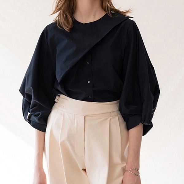 

women's blouses & shirts 100% cotton blouse, loose sleeve shirt, round neck, black and white, spring summer, 2021