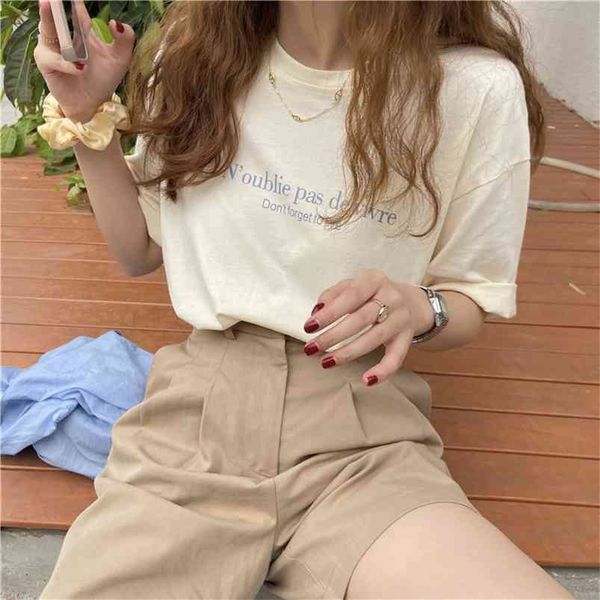 

letter printed thin short sleeve cotton o-neck fashion vintage sweet fresh college wind basic summer women t-shirts 210623, White