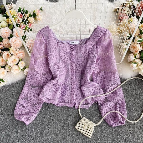 

women's blouses & shirts women fashion embroidery flower square neck long-sleeved lace shirt sprint autumn high-waist thin blouse, White