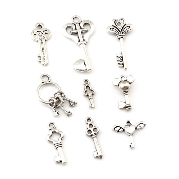 180pcs / lote de prata antiga mistura de prata key Charms de metal artesanal pingentes de jóias DIY Fazendo acessórios A-657