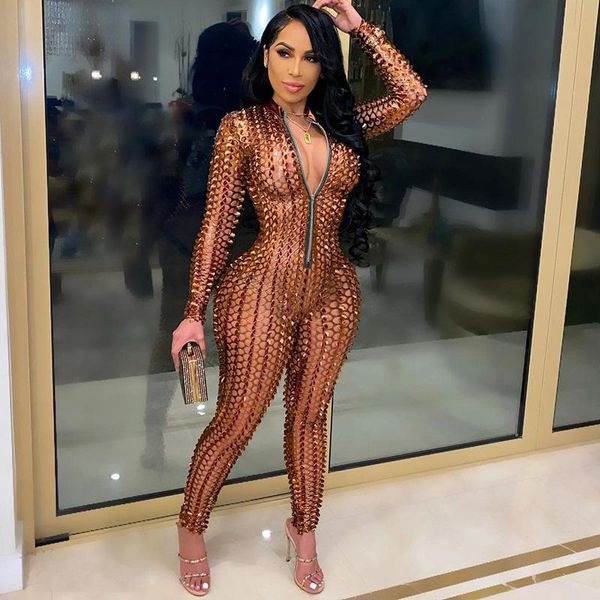 

hollow out see through bodysuit jumpsuit women zipper v neck pencil pants bodycon black brown club rompers womens women's jumpsuits, Black;white