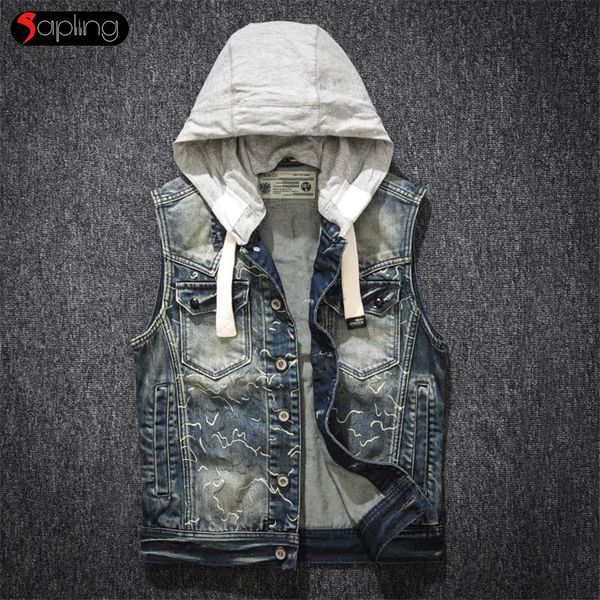 

men's vests fashion clothing spring autumn casual hooded detachable hat print denim vest american retro multi-pocket waistcoat jackets, Black;white
