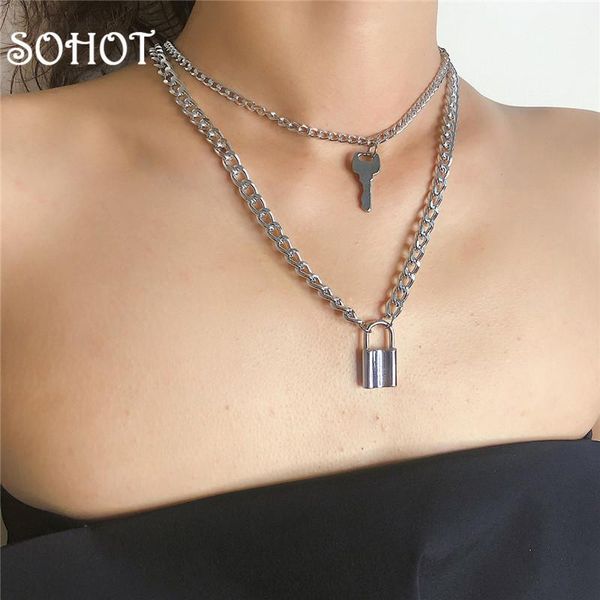 

pendant necklaces so double layer alloy women necklace trendy gold silver color lock shape dangle for couple jewelry bijoux gift
