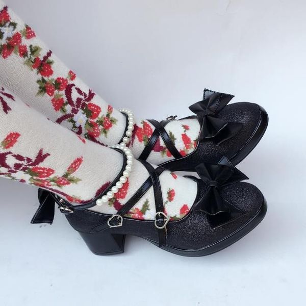 

women's shiny black/silver/ sequin pumps bow strap-cross pearl ankle strap princess lolita shoes custom tailor available dress