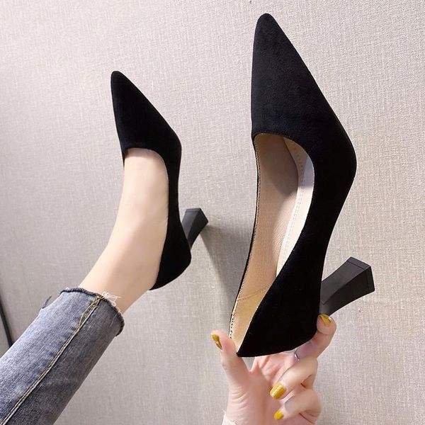 

dress shoes spring elegant flock pointed toe pumps women 7cm slip on wedding party heels woman 3 colors office ladies, Black